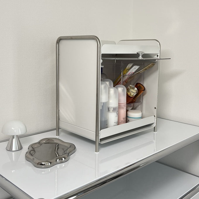 【予約注文：到着目安2週間)】シルバー × ホワイト スライドトレイ収納 STR-0013