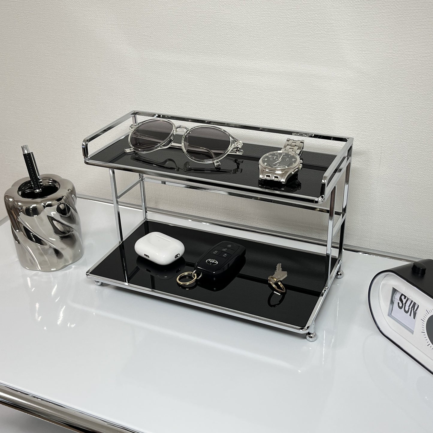 シルバー脚付き2段ディスプレイラック STR-0015