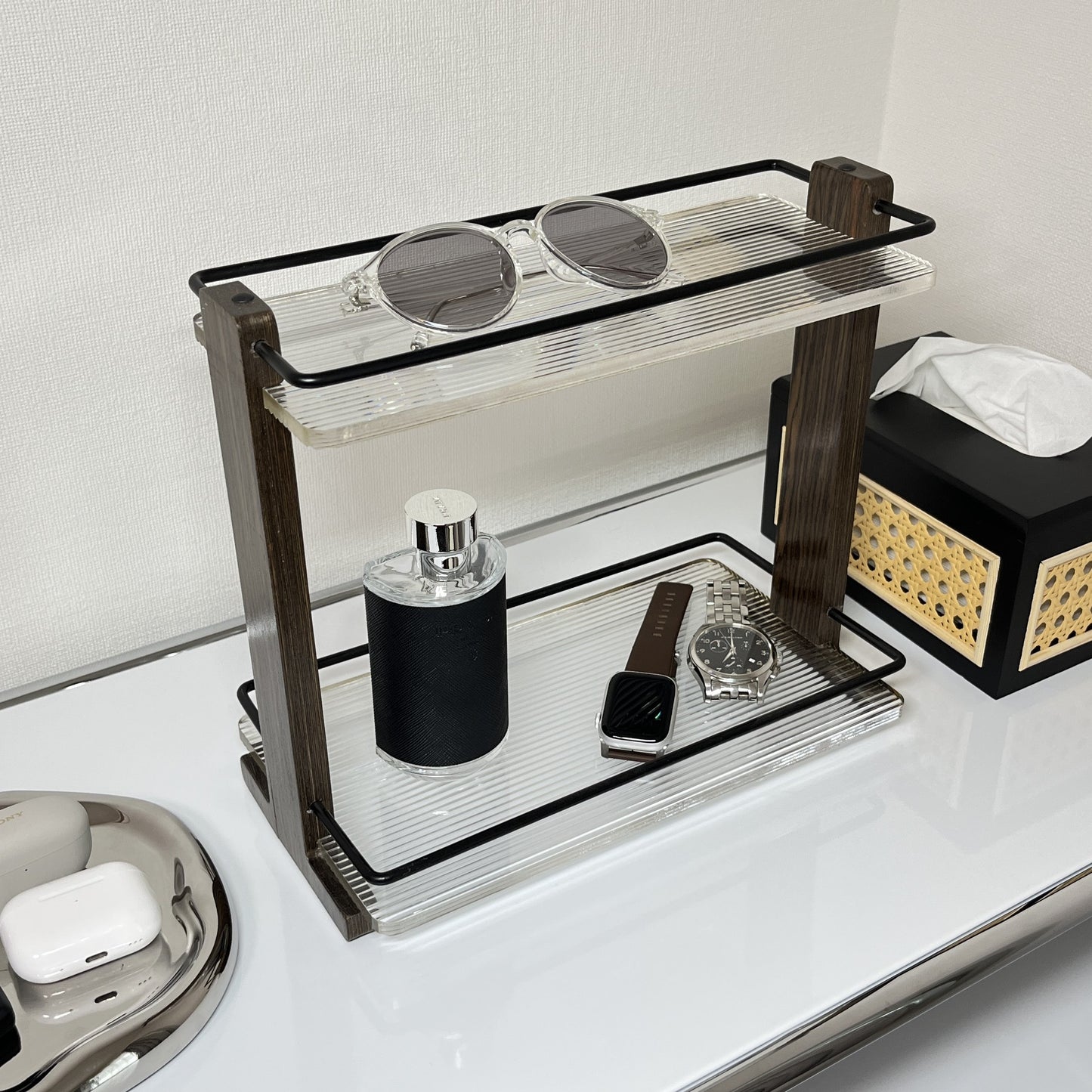 【予約注文：到着目安 2週間】アクリル×ウッド 2段ディスプレイラック STR-0006