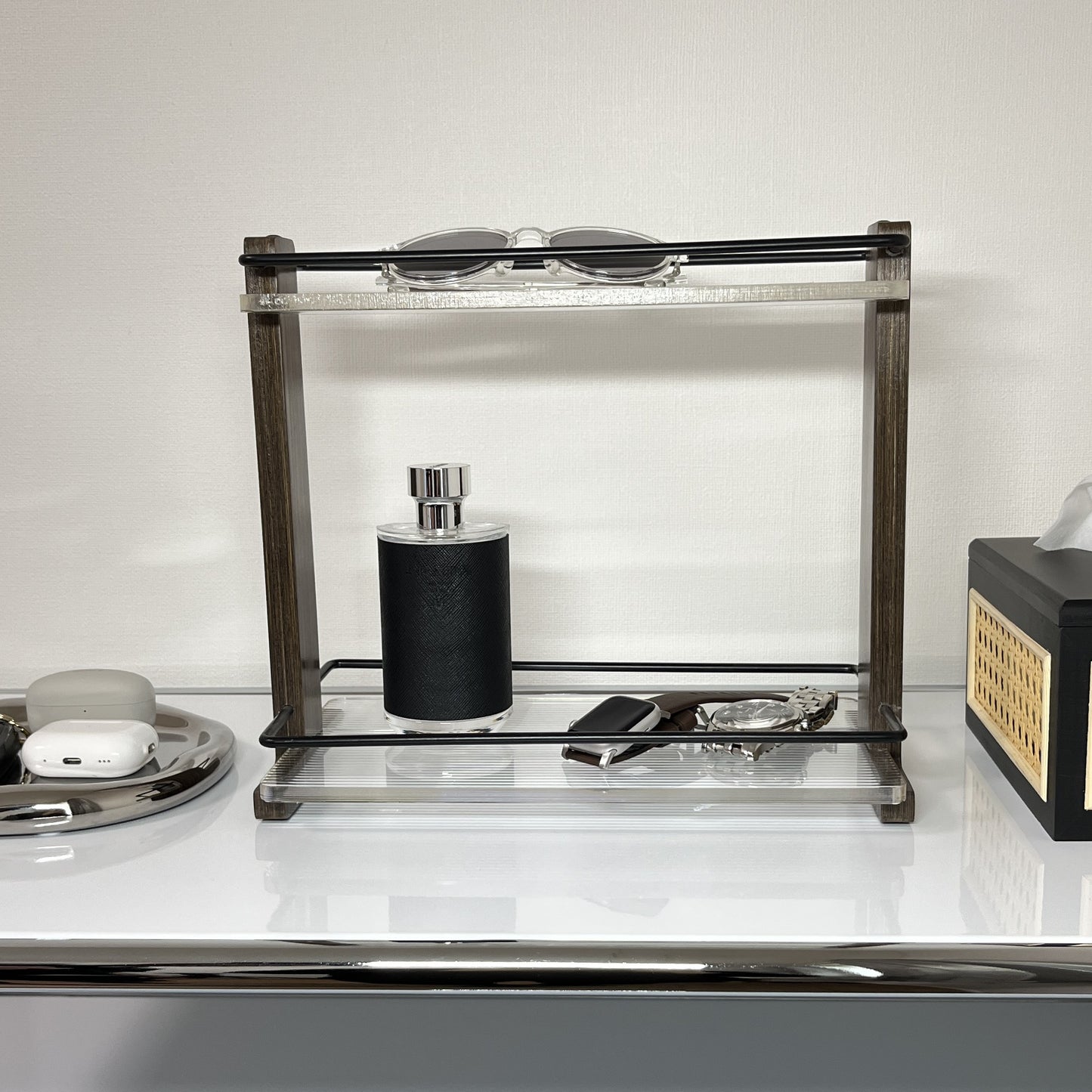 【予約注文：到着目安 2週間】アクリル×ウッド 2段ディスプレイラック STR-0006